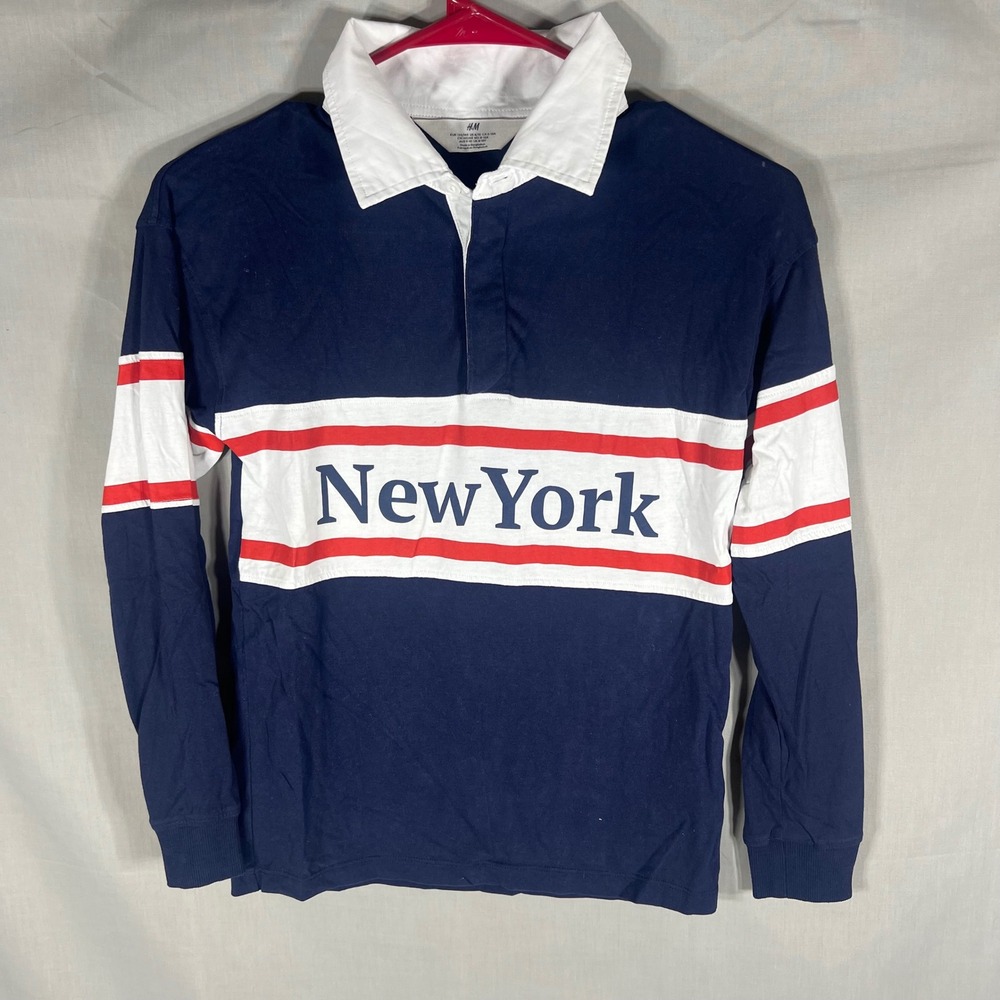H&M Rugby Shirt Preppy New York Graphic Stripe Navy Blue Boys Size 8-10Y